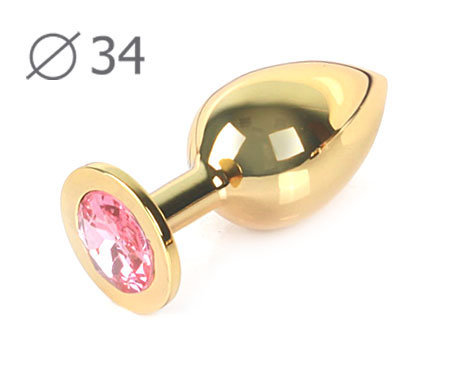 02 Анальная пробка золото СРЕДНЯЯ с нежно-розовым кристаллом 8 см х 3,4 см