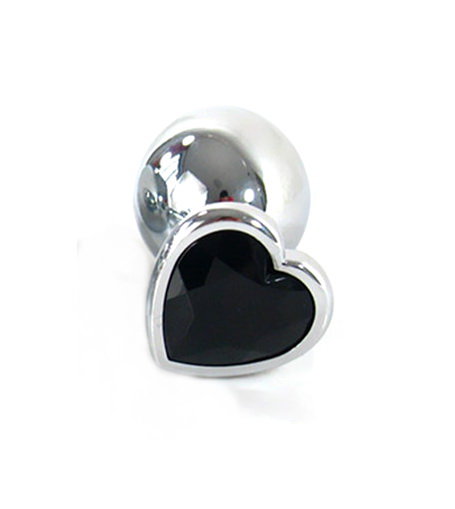 09 Анальная пробка серебро СРЕДНЯЯ с черным кристаллом сердечко 8 см х 3,4 см