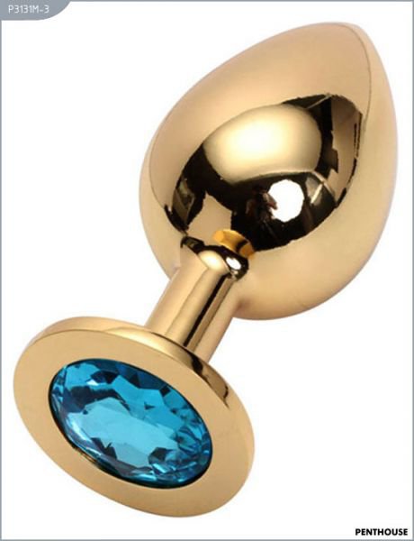 05 Анальная пробка золото БОЛЬШАЯ с голубым кристаллом 9 см х  4 см