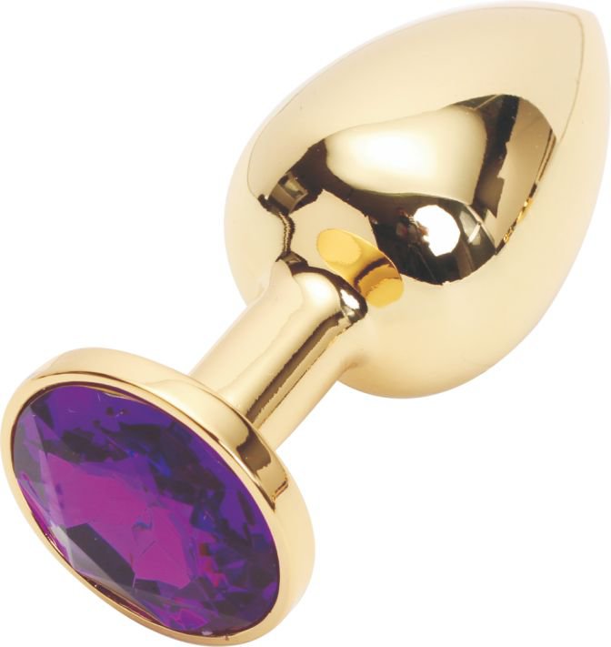04 Анальная пробка золото МАЛАЯ с фиолетовым кристаллом 7 см х 2,8 см
