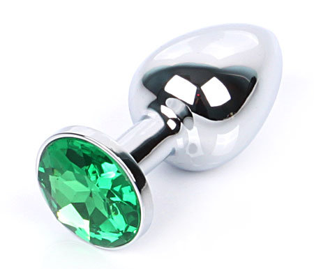 07 Анальная пробка серебро СРЕДНЯЯ с зеленым кристаллом 8 см х 3,4 см