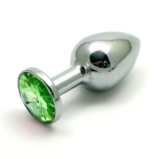 07 Анальная пробка серебро МАЛАЯ с зеленым кристаллом 7 см х 2,8 см