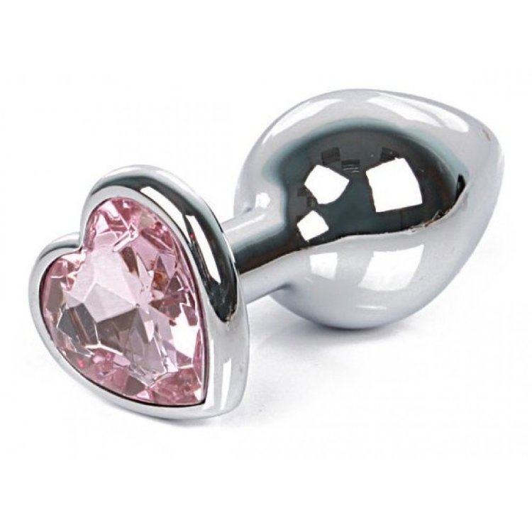 02 Анальная пробка серебро МАЛАЯ с нежно-розовым кристаллом сердечко 7 см х 2,7 см