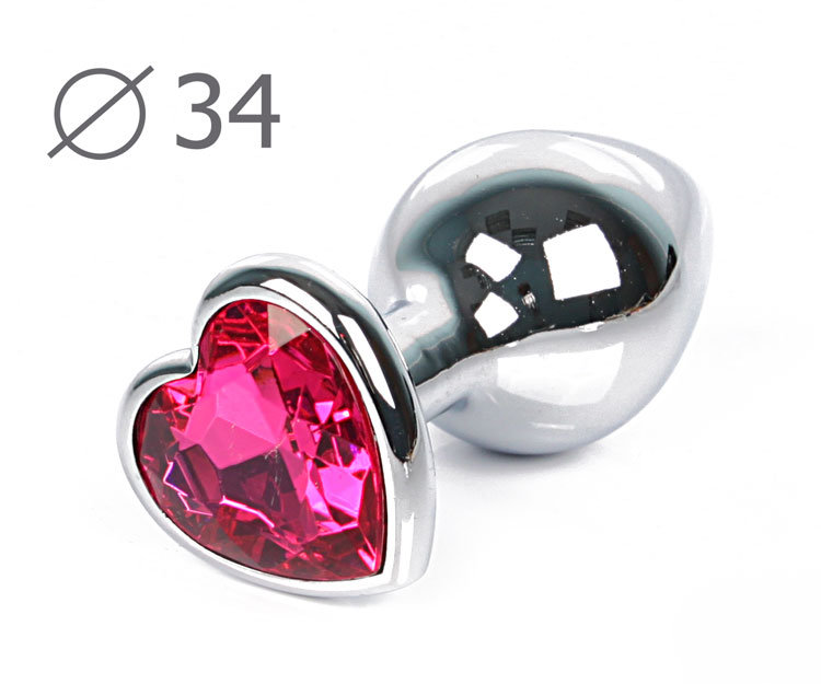 14 Анальная пробка серебро СРЕДНЯЯ с розовым кристаллом сердечко 8 см х 3,4 см