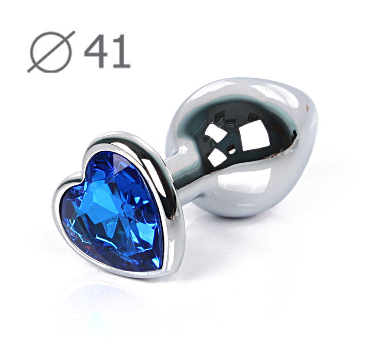 13 Анальная пробка серебро БОЛЬШАЯ с синим кристаллом сердечко 9,5 см х 4 см