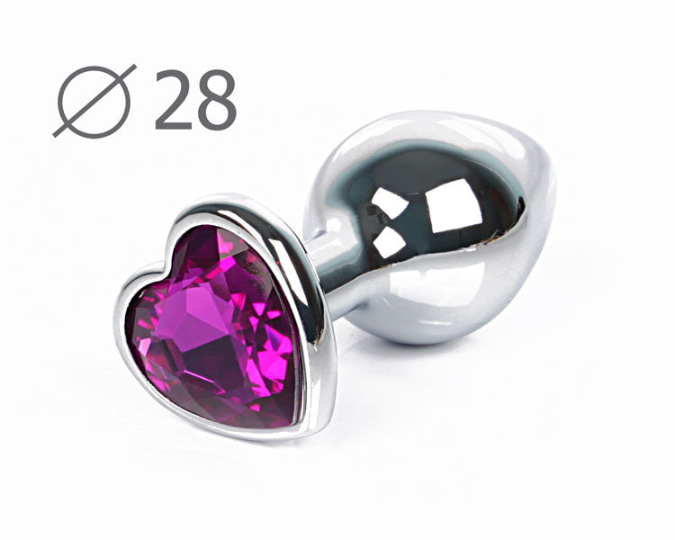 04 Анальная пробка серебро МАЛАЯ с фиолетовым кристаллом сердечко 7 см х 2,8 см