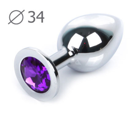 04 Анальная пробка серебро СРЕДНЯЯ с фиолетовым кристаллом 8 см х 3,4 см