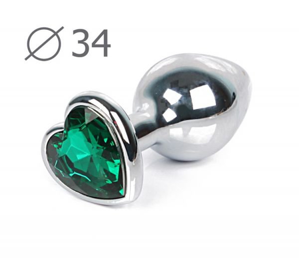 07 Анальная пробка серебро СРЕДНЯЯ с зеленым кристаллом сердечко 8 см х 3,4 см
